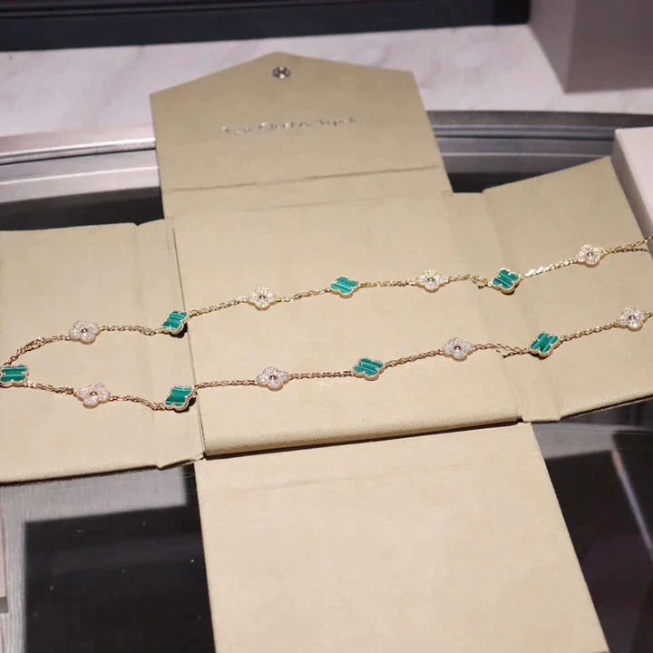 【BIJOUX】クローバー 20モチーフ マラカイト ダイヤモンド ネックレス