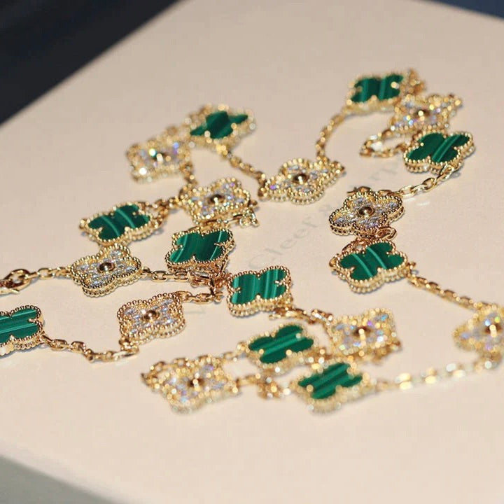 【BIJOUX】クローバー 20モチーフ マラカイト ダイヤモンド ネックレス