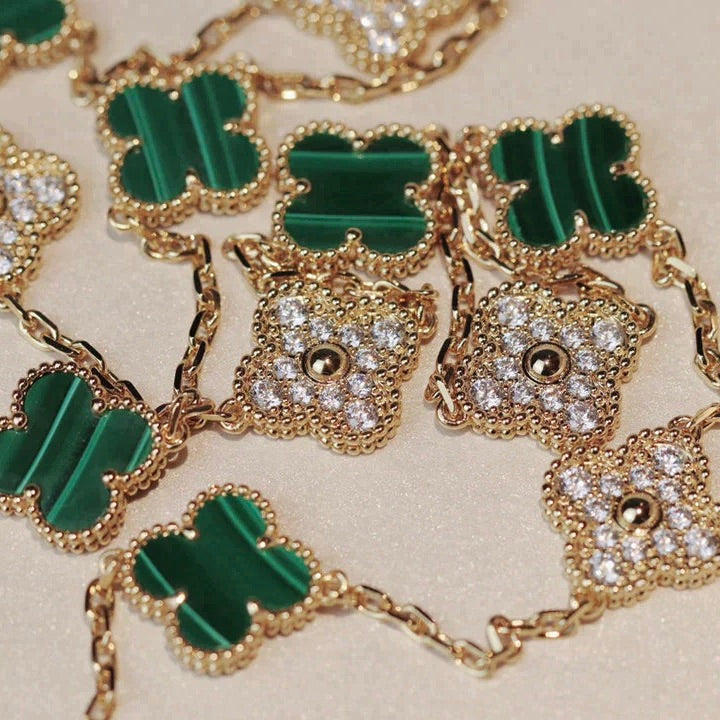 【BIJOUX】クローバー 20モチーフ マラカイト ダイヤモンド ネックレス