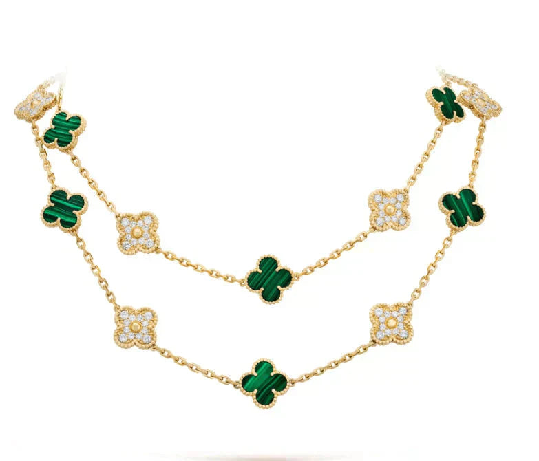 【BIJOUX】クローバー 20モチーフ マラカイト ダイヤモンド ネックレス