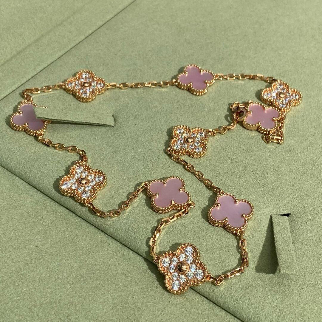 [BIJOUX]CLOVER 10 MOTIFS DIAMOND PINK MOP NECKLACE