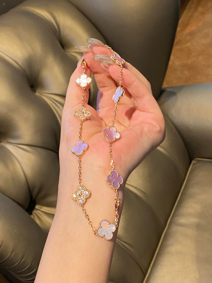 [BIJOUX]CLOVER 10 MOTIFS DIAMOND PINK MOP NECKLACE