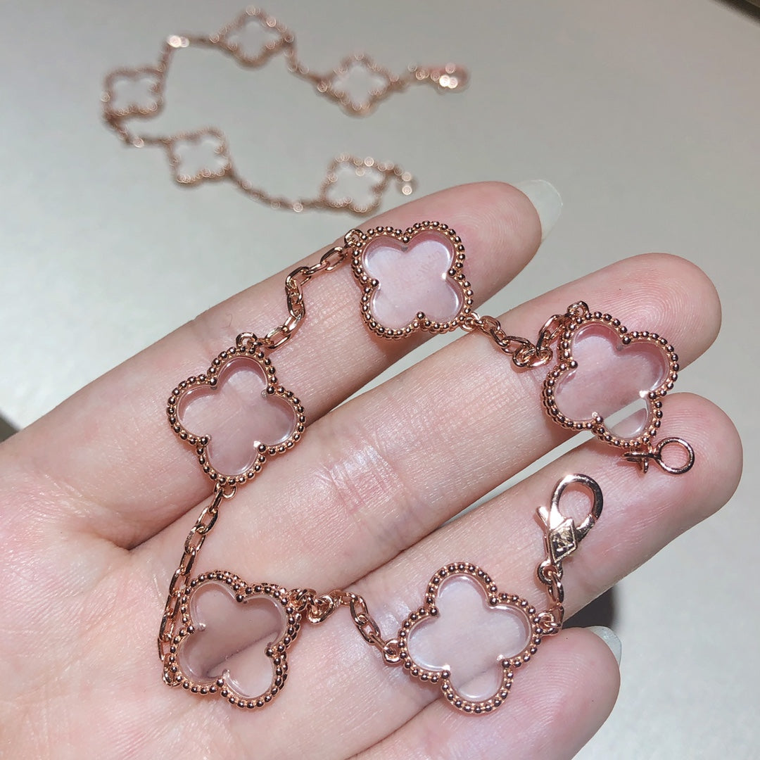 [BIJOUX]CLOVER 5 MOTIF ROCK CRYSTAL PINK GOLD BRACELET