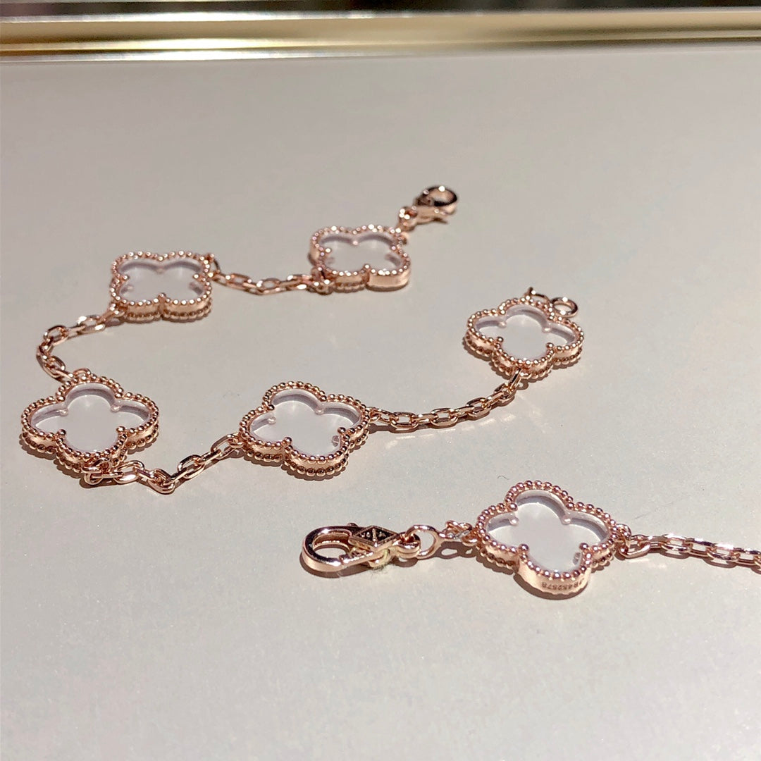 [BIJOUX]CLOVER 5 MOTIF ROCK CRYSTAL PINK GOLD BRACELET