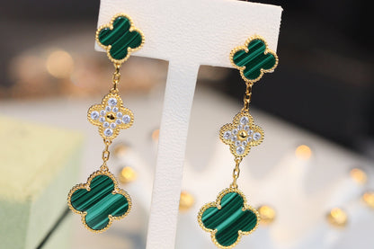 [BIJOUX]CLOVER EARRINGS GOLD MALACHITE DIAMOND 3 MOTIF