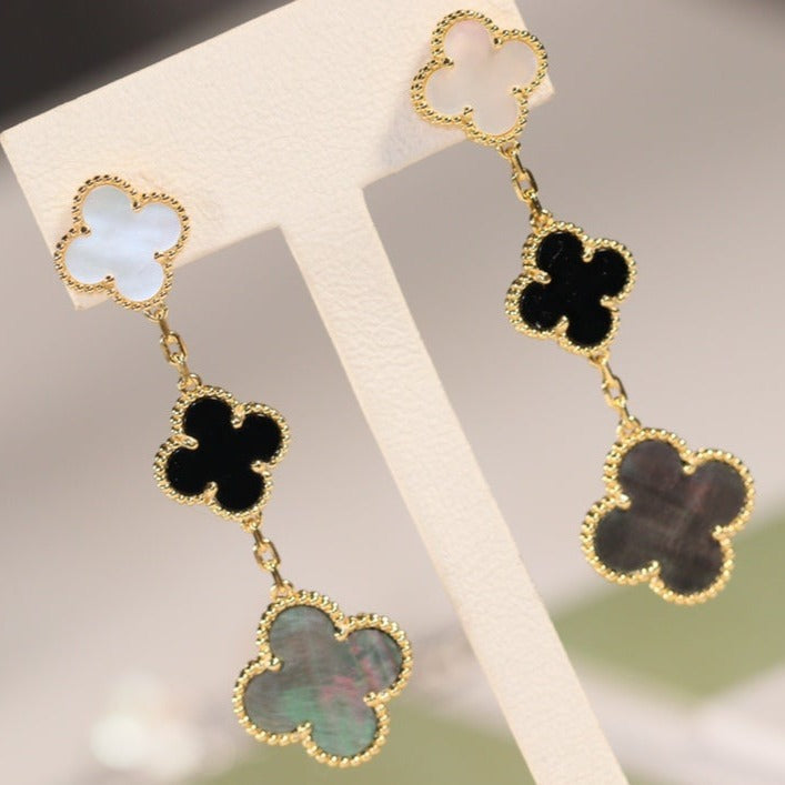 [BIJOUX]CLOVER EARRINGS GOLD ONYX MOP 3 MOTIF