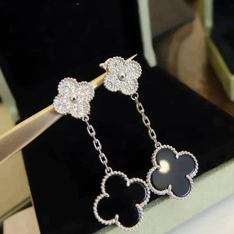 [BIJOUX]CLOVER 2 MOTIFS  DIAMOND ONYX EARRINGS SILVER