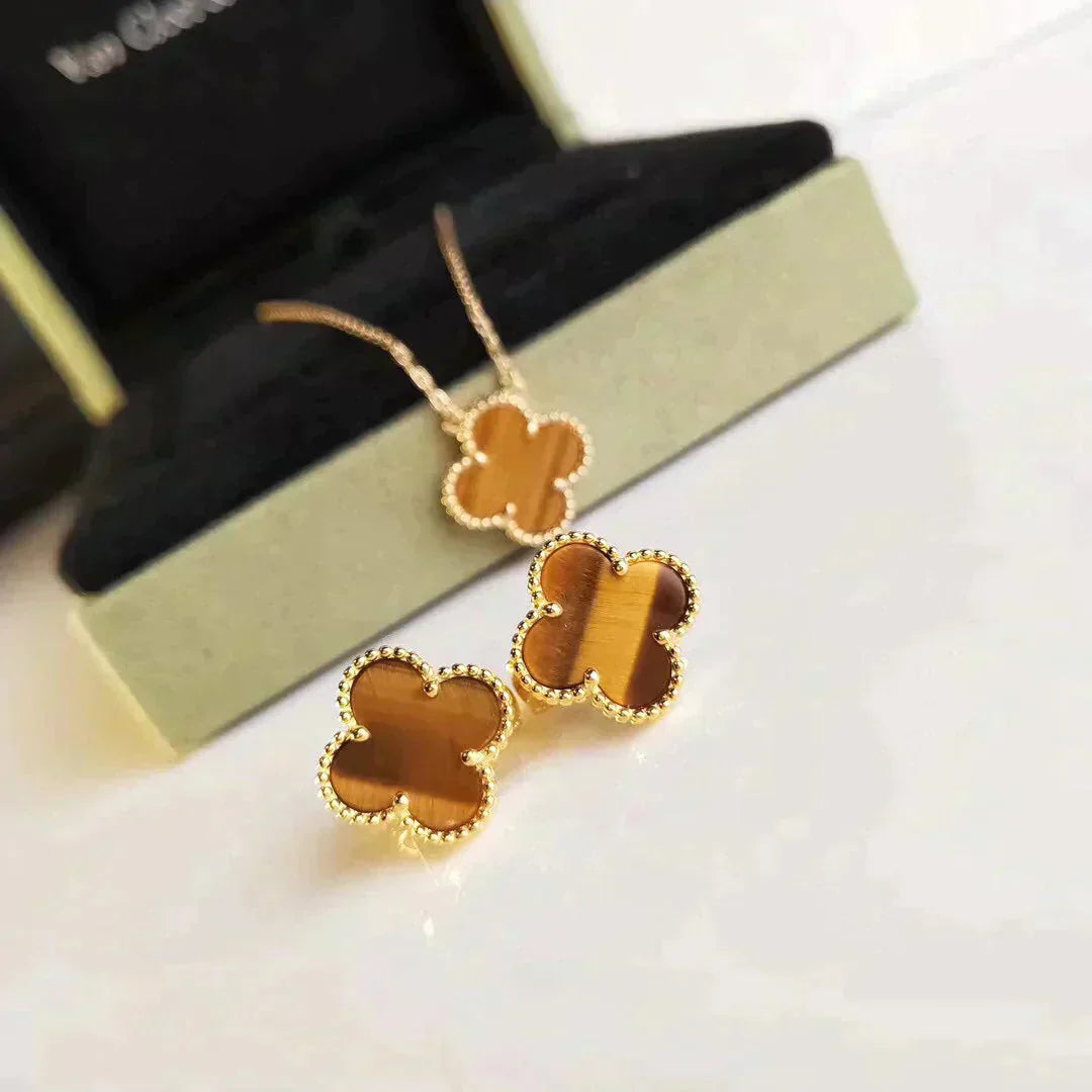 [BIJOUX]CLOVER MEDIUM 1 MOTIFS TIGER EYE EARRINGS