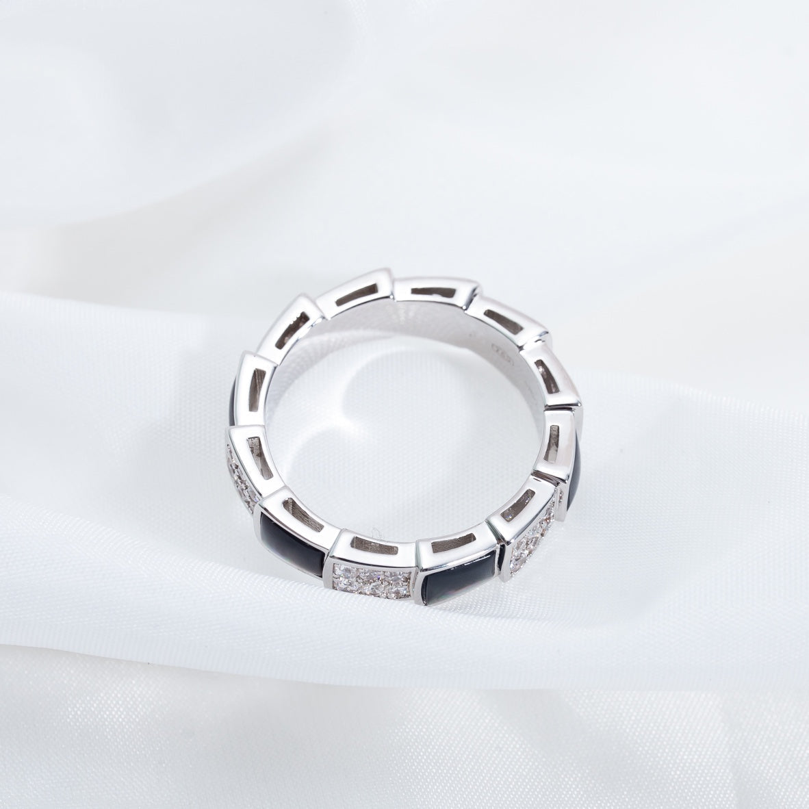 [BIJOUX]BAGUE SERPENTI ARGENT DIAMANT NACRE NOIRE 4MM