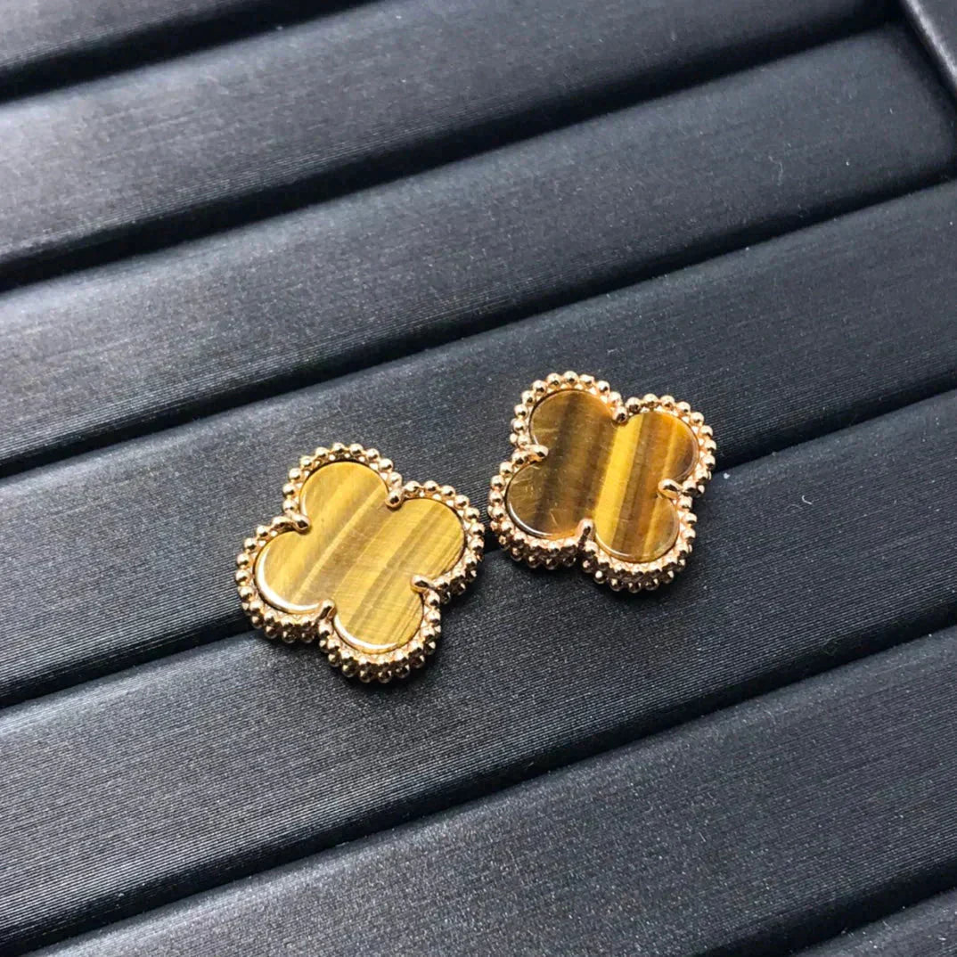 [BIJOUX]CLOVER MEDIUM 1 MOTIFS TIGER EYE EARRINGS