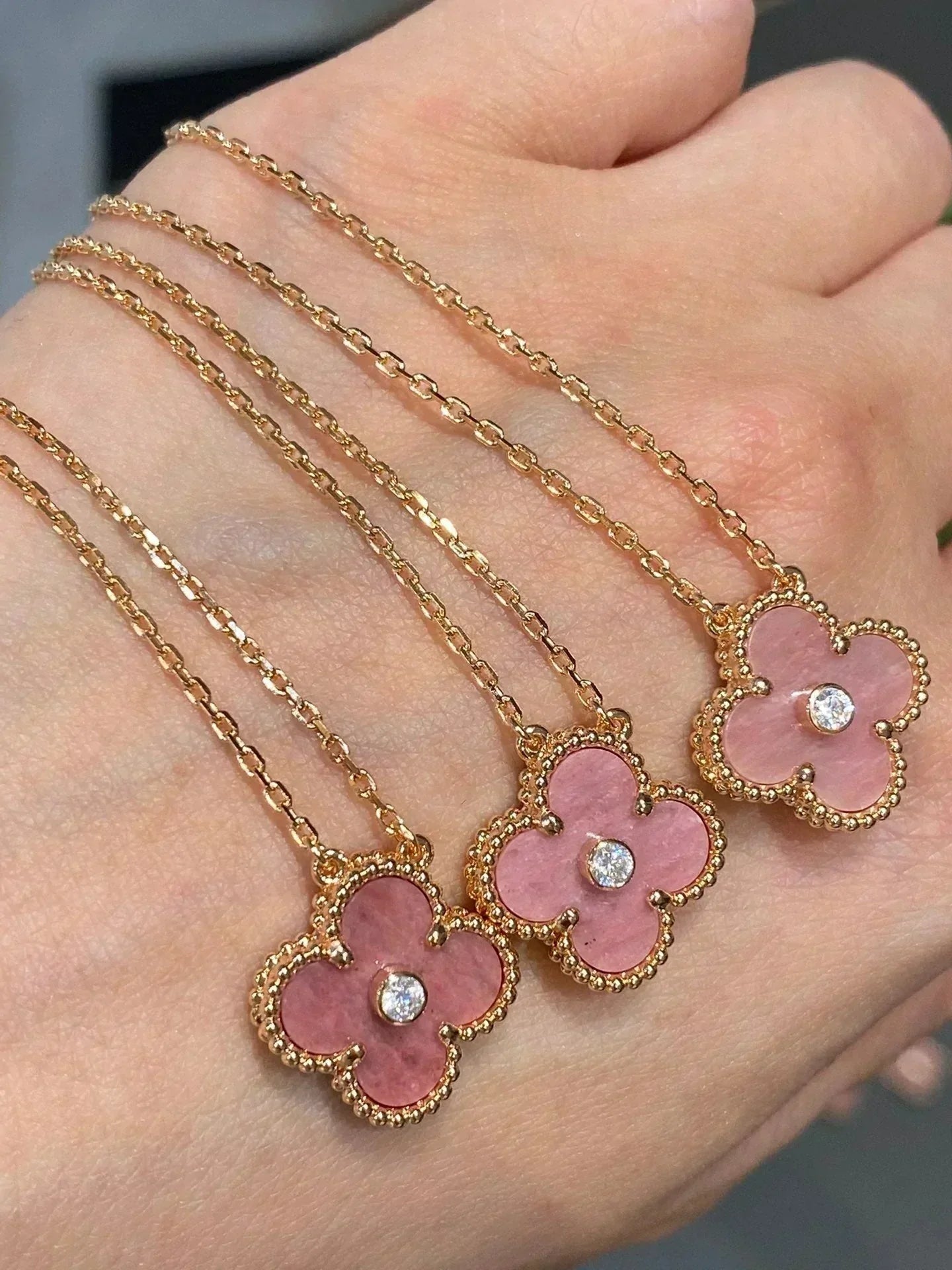 [BIJOUX]CLOVER 15MM DIAMOND RHODONITE NECKLACE