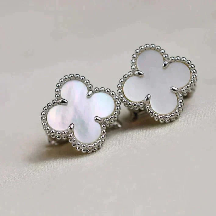 [BIJOUX]CLOVER MEDIUM 1 MOTIFS  WHITE MOP EARRINGS SILVER