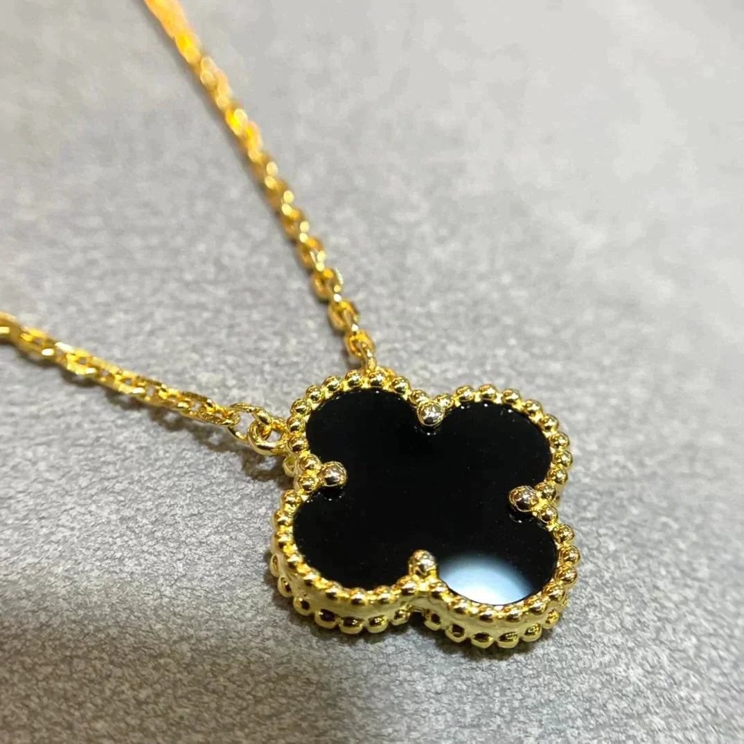 [BIJOUX]CLOVER 15MM BLACK ONYX SINGLE FLOWER NECKLACE