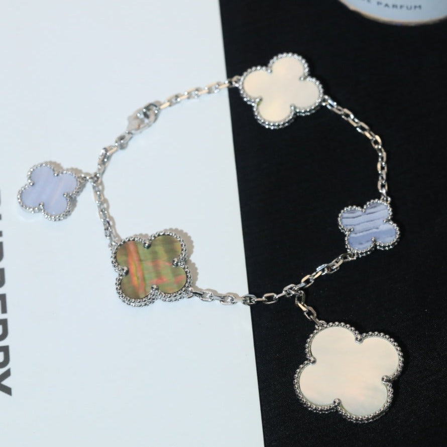 [BIJOUX]CLOVER BRACELET 5 MOTIFS MOP CHALCEDONY SILVER