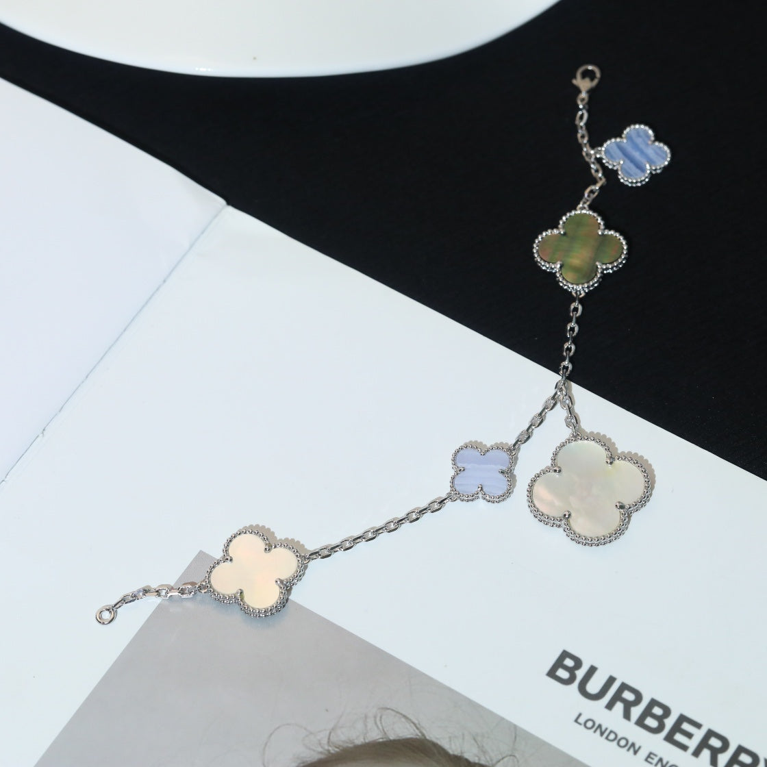 [BIJOUX]CLOVER BRACELET 5 MOTIFS MOP CHALCEDONY SILVER