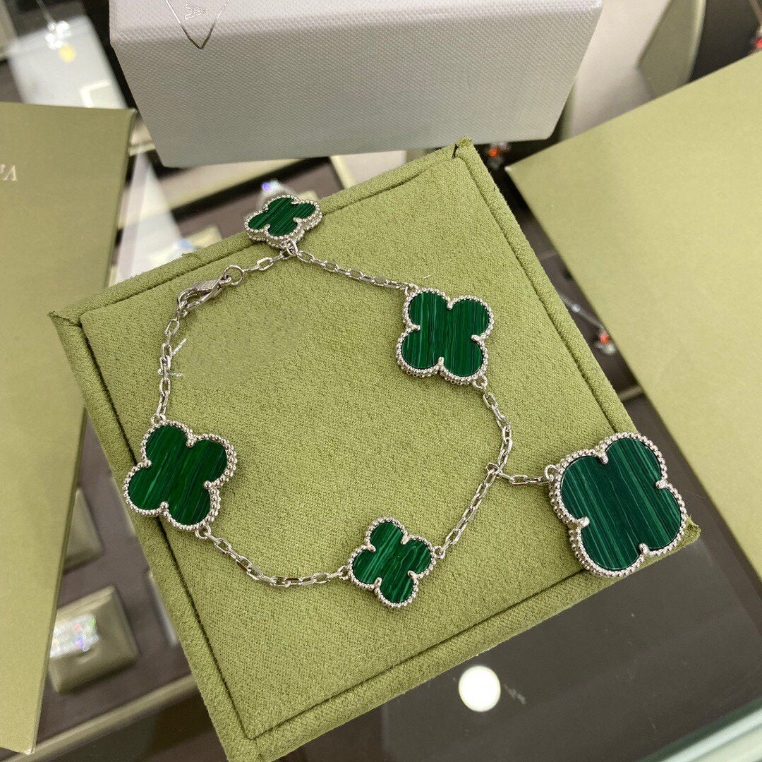 [BIJOUX]CLOVER 5 MOTIFS SIVLER MALACHITE BRACELET