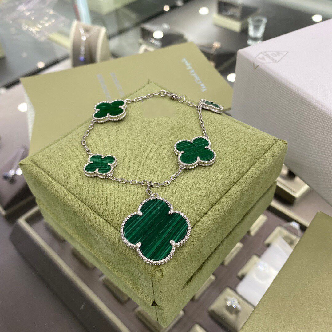 [BIJOUX]CLOVER 5 MOTIFS SIVLER MALACHITE BRACELET