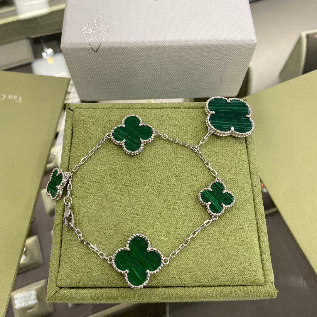 [BIJOUX]CLOVER 5 MOTIFS SIVLER MALACHITE BRACELET