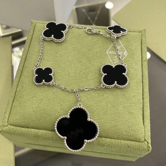 [BIJOUX]CLOVER 5 MOTIFS SIVLER ONYX BRACELET