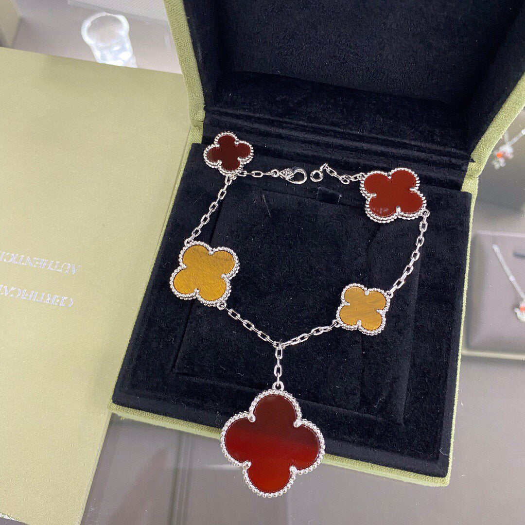 [BIJOUX]CLOVER 5 MOTIFS SIVLER CARNELIAN TIGER EYE BRACELET