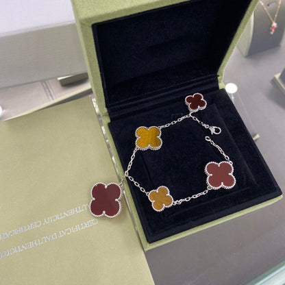 [BIJOUX]CLOVER 5 MOTIFS SIVLER CARNELIAN TIGER EYE BRACELET