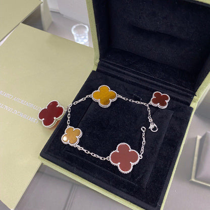 [BIJOUX]CLOVER 5 MOTIFS SIVLER CARNELIAN TIGER EYE BRACELET