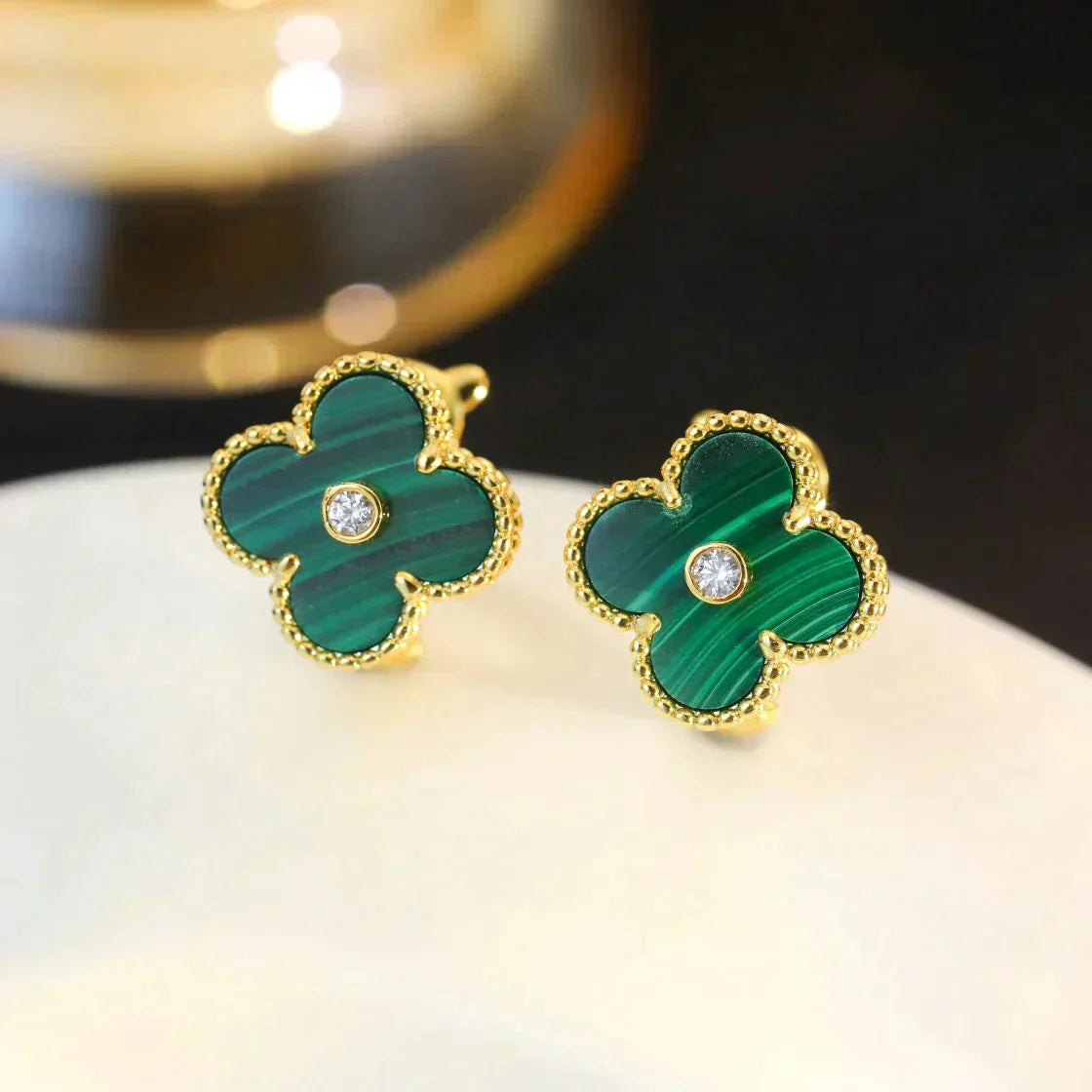 [BIJOUX]CLOVER MEDIUM 1 MOTIFS MALACHITE DIAMOND EARRINGS