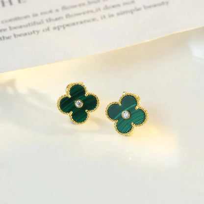 [BIJOUX]CLOVER MEDIUM 1 MOTIFS MALACHITE DIAMOND EARRINGS