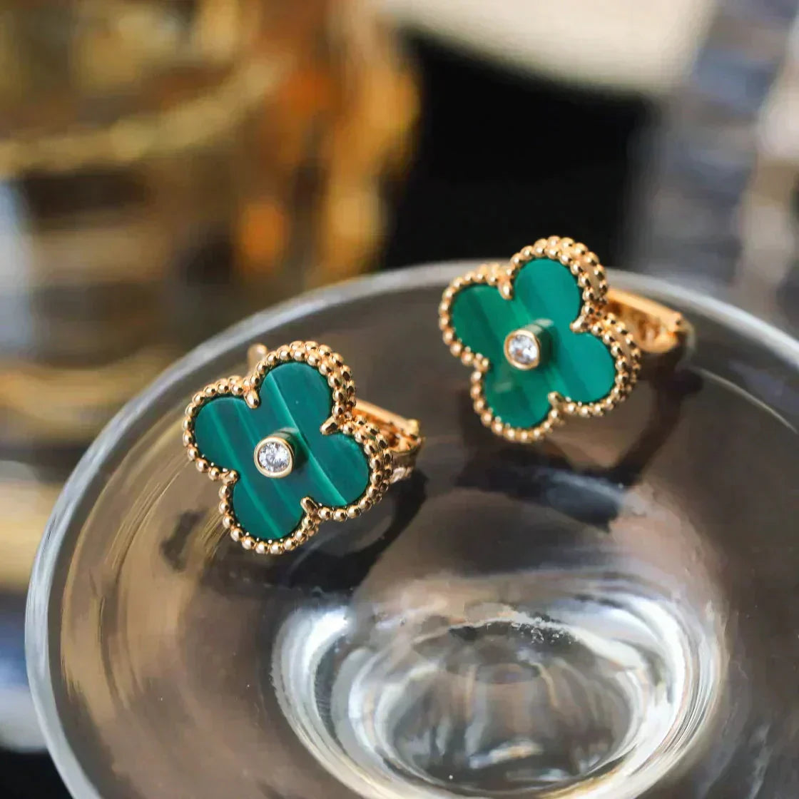 [BIJOUX]CLOVER MEDIUM 1 MOTIFS MALACHITE DIAMOND EARRINGS