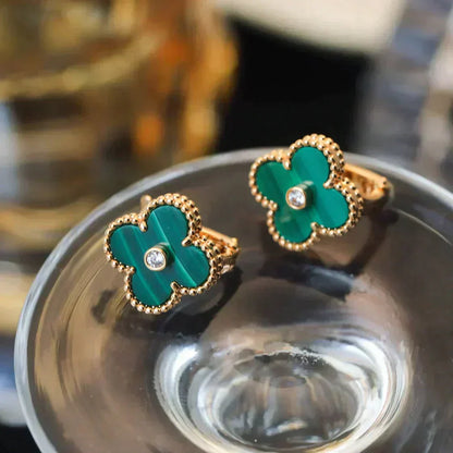 [BIJOUX]CLOVER MEDIUM 1 MOTIFS MALACHITE DIAMOND EARRINGS