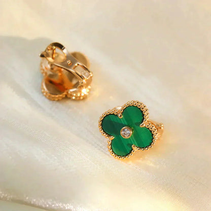 [BIJOUX]CLOVER MEDIUM 1 MOTIFS MALACHITE DIAMOND EARRINGS