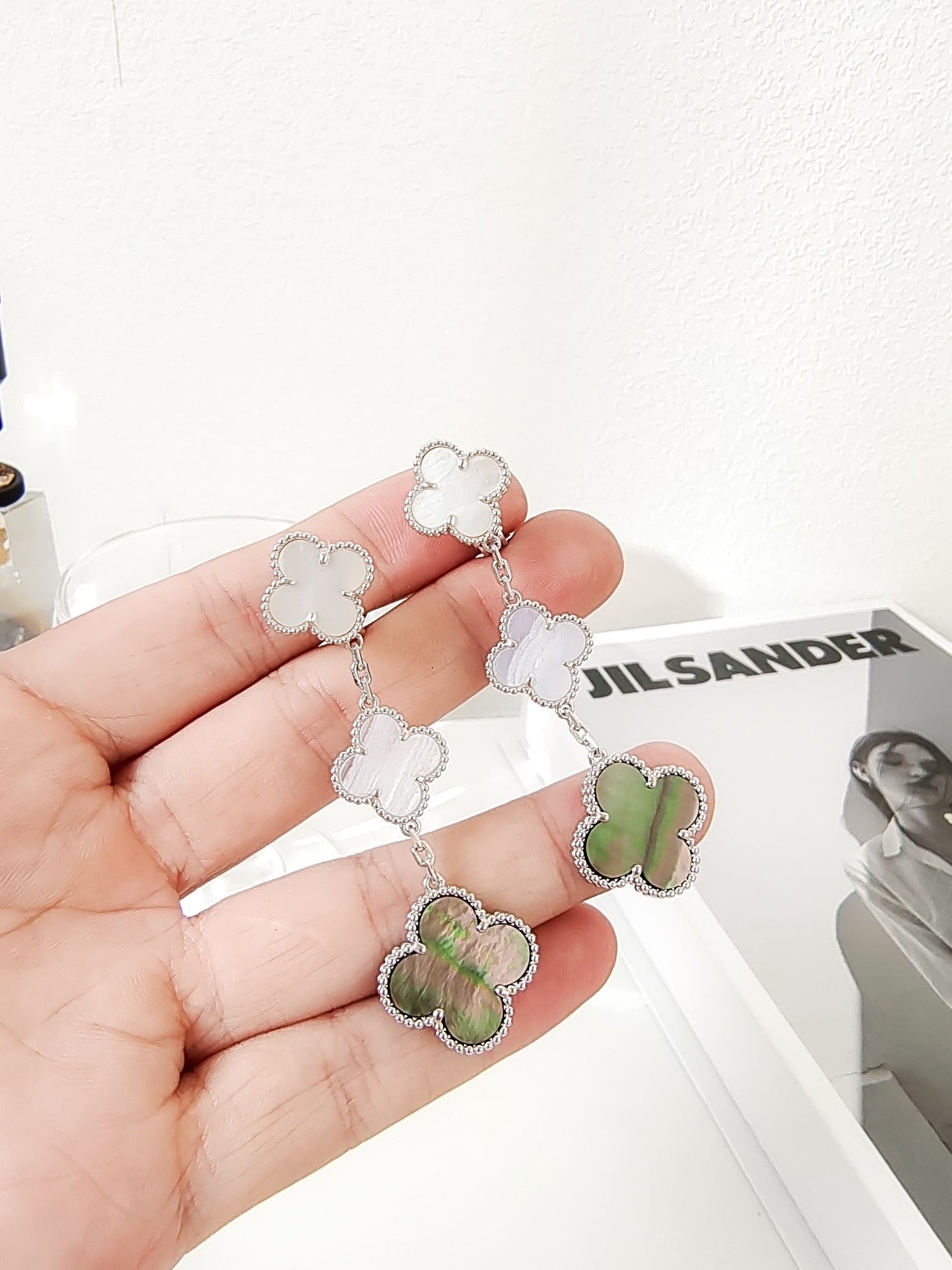 [BIJOUX]CLOVER 3 MOTIFS CHALCEDONY DARK MOP SILVER EARRINGS