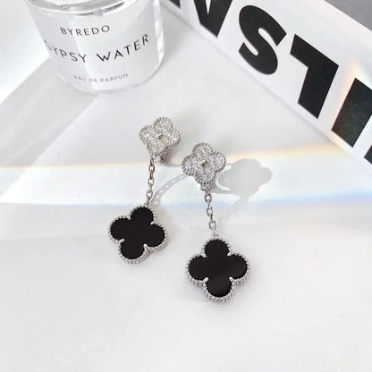 [BIJOUX]CLOVER 2 MOTIFS  DIAMOND ONYX EARRINGS SILVER