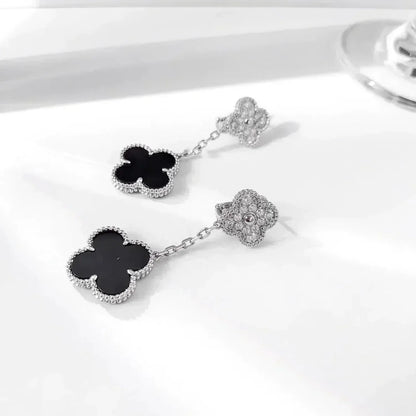 [BIJOUX]CLOVER 2 MOTIFS  DIAMOND ONYX EARRINGS SILVER