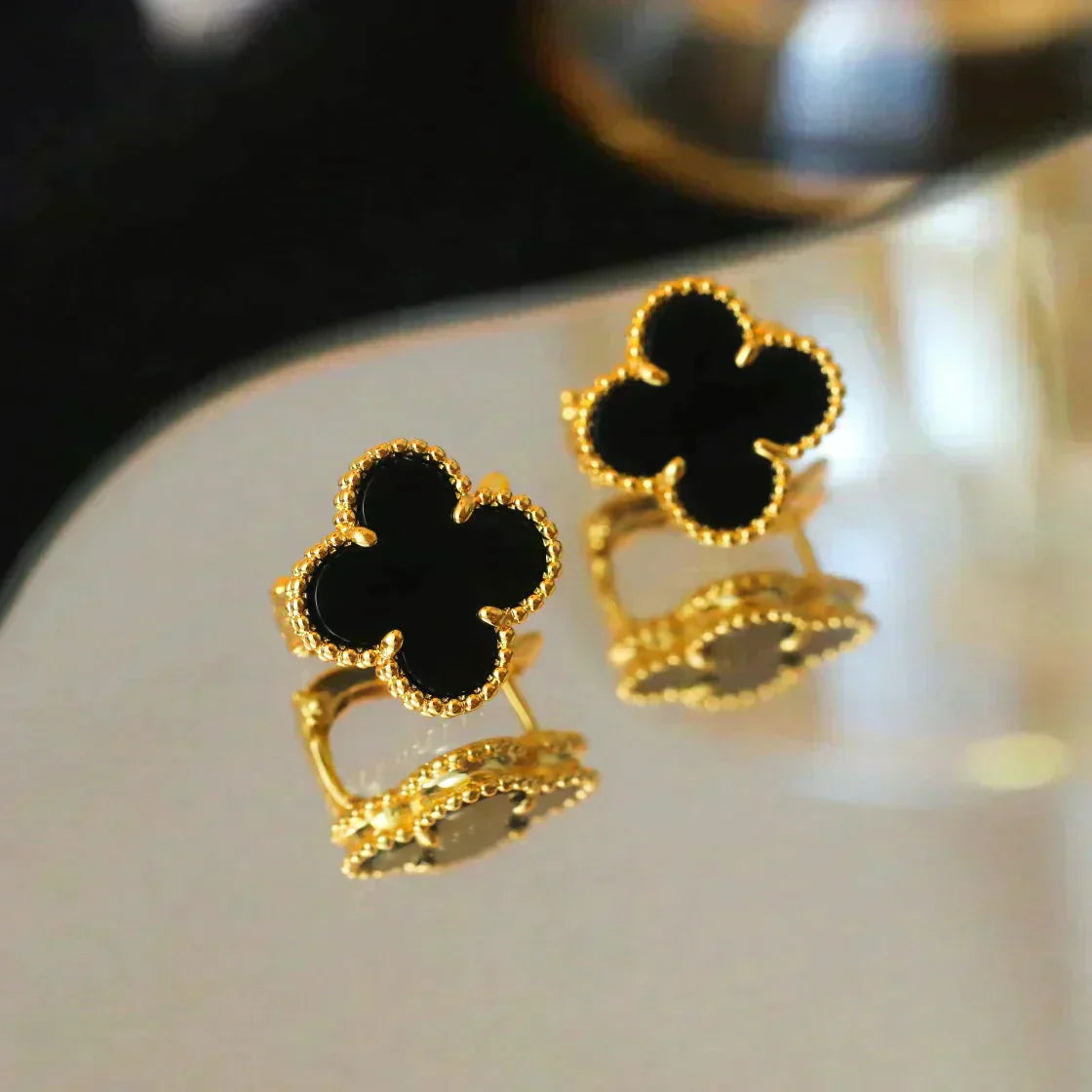 [BIJOUX]CLOVER MEDIUM 1 MOTIFS  ONYX STUD EARRINGS