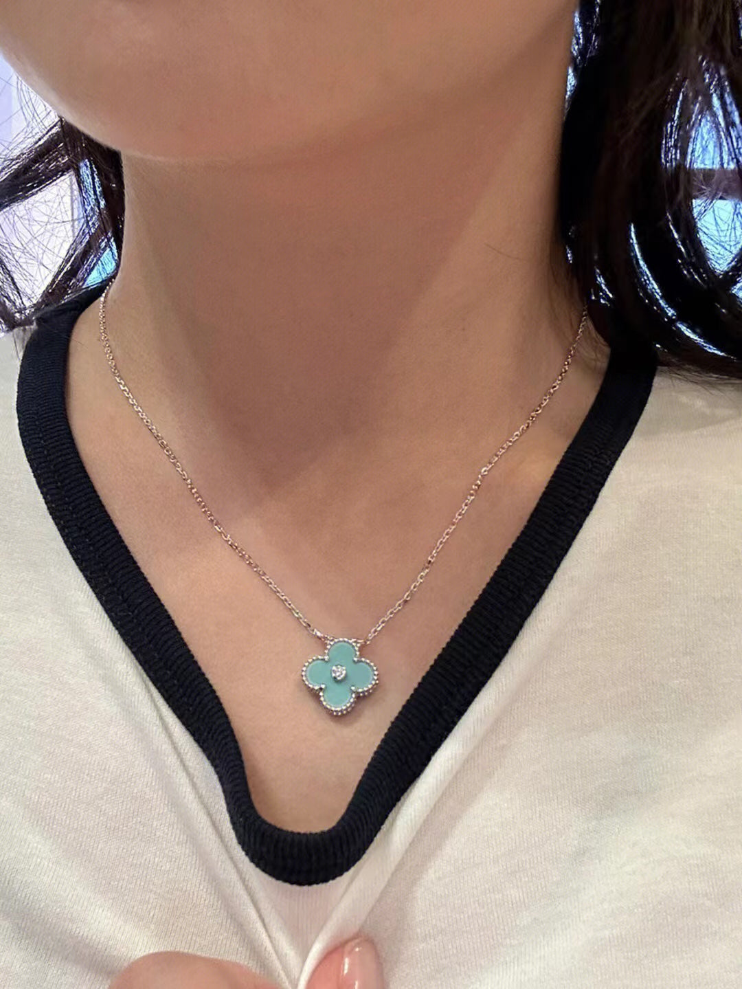 [BIJOUX]CLOVER 1 DIAMOND LIGHT BLUE SILVER NECKLACE