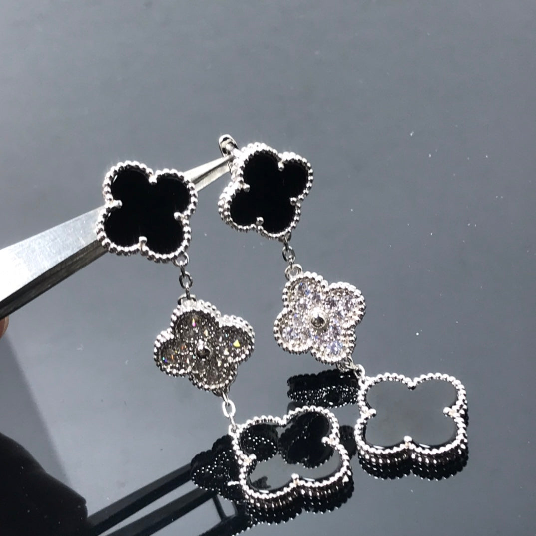 [BIJOUX]CLOVER 3 MOTIF DIAMOND ONYX SILVER EARRINGS