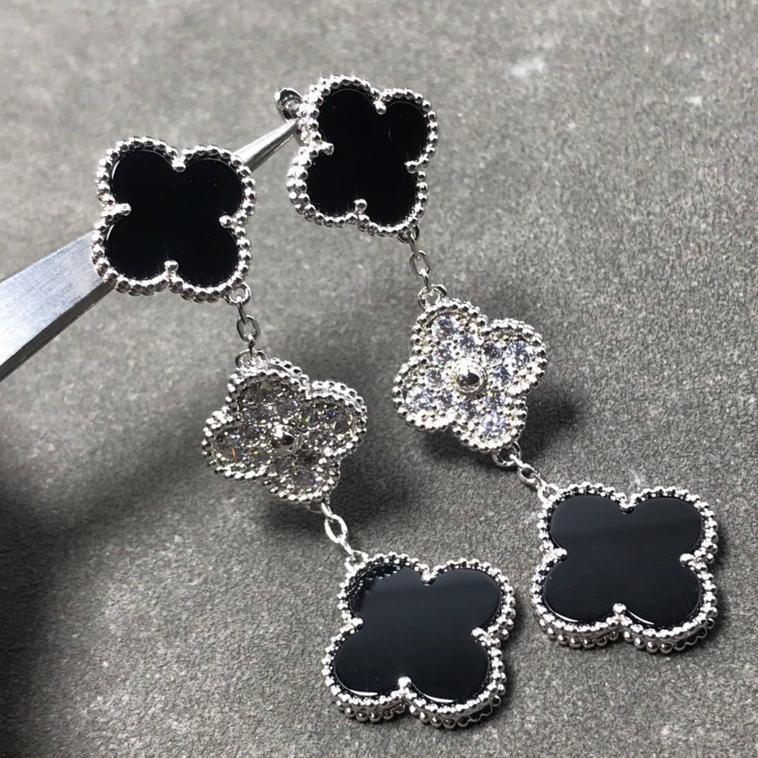 [BIJOUX]CLOVER 3 MOTIF DIAMOND ONYX SILVER EARRINGS