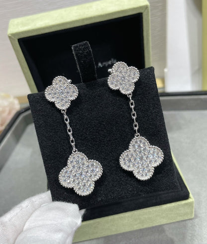 [BIJOUX]CLOVER 2 MOTIFS DIAMOND PAVED SILVER EARRINGS