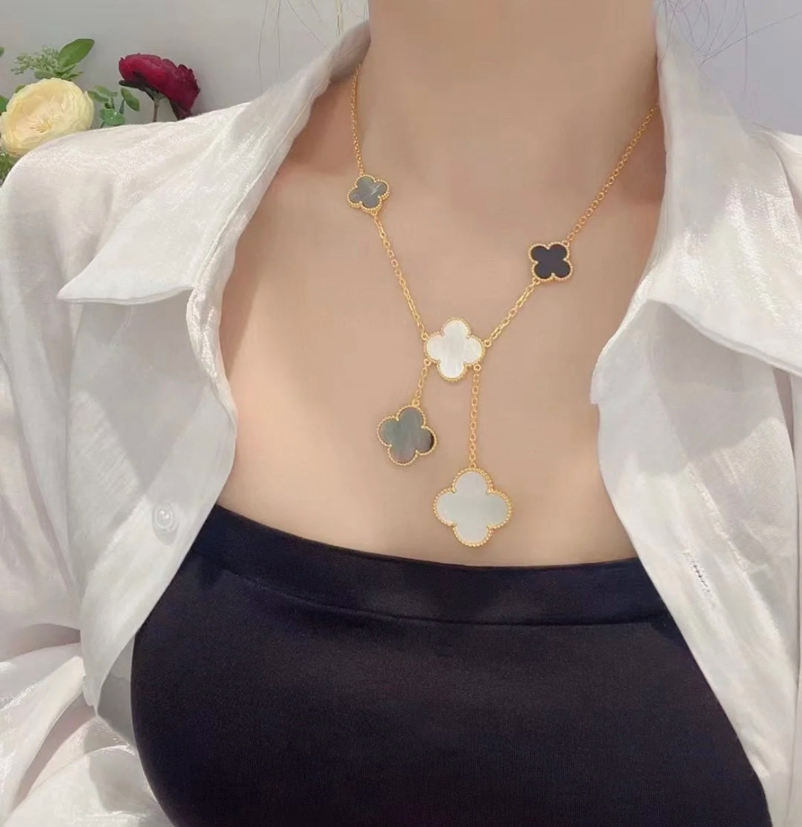 [BIJOUX]CLOVER 6 MOTIF MOP ONYX GOLD NECKLACE