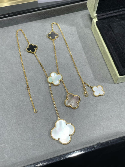 [BIJOUX]CLOVER 6 MOTIF MOP ONYX GOLD NECKLACE