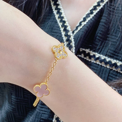 [BIJOUX]CLOVER 5 MOTIF DIAMOND PINK MOP PINK GOLD BRACELET