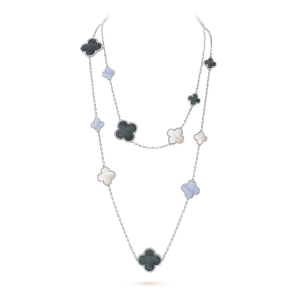 [BIJOUX]CLOVER 16 MOTIF CHALCEDONY MOP SILVER NECKLACE