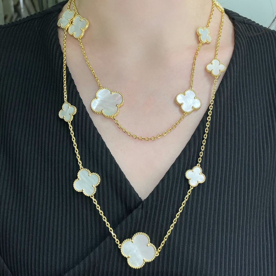 [BIJOUX]CLOVER 16 MOTIF WHITE MOP GOLD NECKLACE