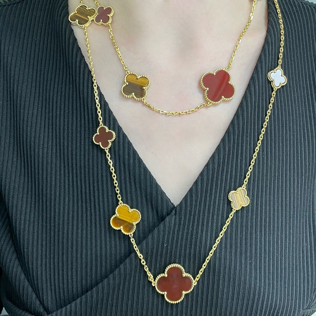 [BIJOUX]CLOVER 16 MOTIF CARNELIAN TIGER EYE ROSE GOLD NECKLACE