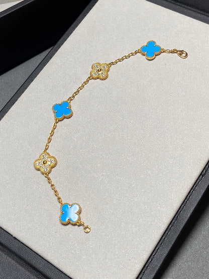 [BIJOUX]CLOVER 5 MOTIF BLUE CHALCEDONY DIAMOND GOLD BRACELET