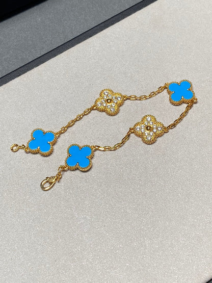 [BIJOUX]CLOVER 5 MOTIF BLUE CHALCEDONY DIAMOND GOLD BRACELET