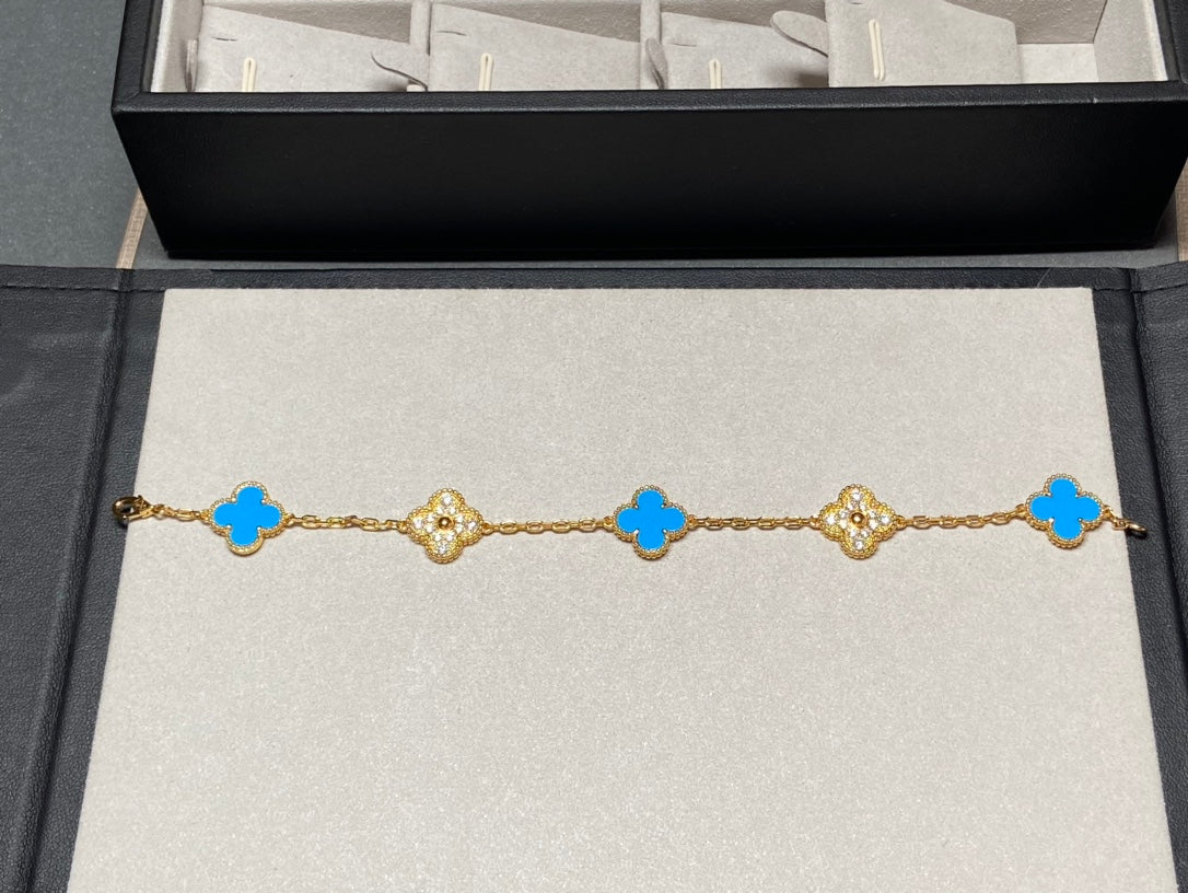 [BIJOUX]CLOVER 5 MOTIF BLUE CHALCEDONY DIAMOND GOLD BRACELET