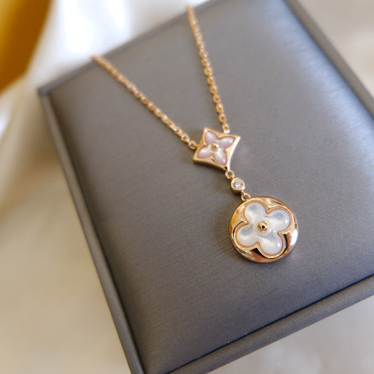 [BIJOUX]STAR AND SUN WHITE MOP 2 MOTIF PINK GOLD NECKLACE