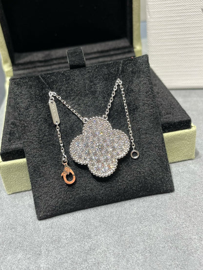 [BIJOUX]CLOVER 25MM LARGE PENDANT DIAMOND PAVED SILVER NECKLACE